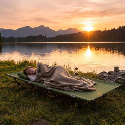 femme endormie sur lit de camping  coucher de soleil bord de lac