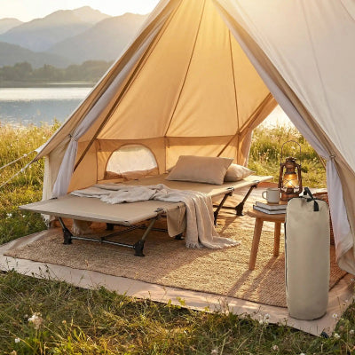 lit de camping avec couverture sous tente
