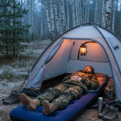 Dans la forêt, un chasseur se repose sur un matelas gonflable 1 personne camping.