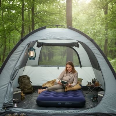 Dans sa tente, au pied des arbres, elle lit, couchée sur un matelas gonflable 1 personne camping.