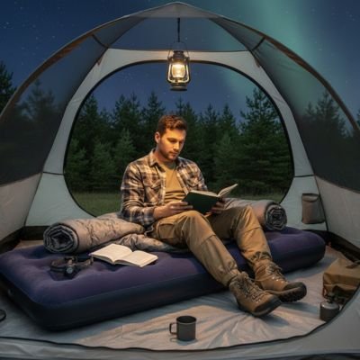 Dans sa tente parmi les conifères, il lit assis sur un matelas gonflable 1 personne camping.