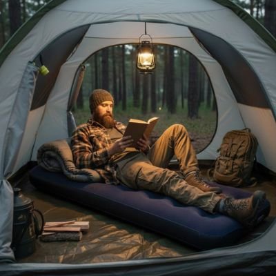 Dans sa tente, il lit, couché sur un matelas gonflable 1 personne camping.