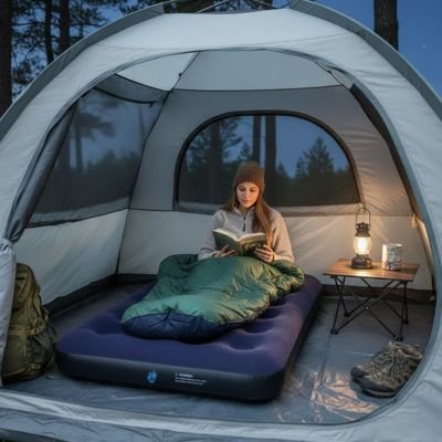 Assise sur un matelas gonflable 1 personne camping, elle lit dans sa tente. 