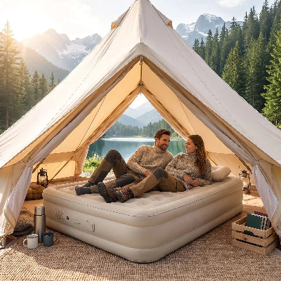 sous tente bord de lac couple sur matelas gonflable 2 personnes confort XXL couple 40cm