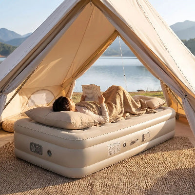 bord de lac femme lit sur matelas gonflable 2 personnes confort XXL 40 cm haut