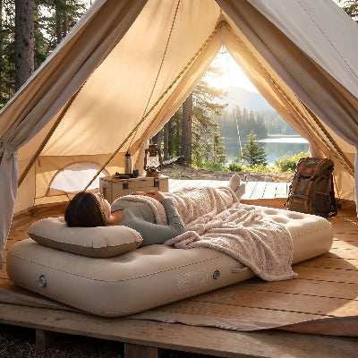 couchée sur son matelas gonflable 2 personnes confort XXL dans sa tente, la jeune femme admire le lac