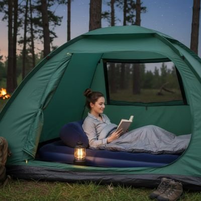 dans sa tente, assise sur matelas gonflable 2 personnes une femme , lit a la brunante