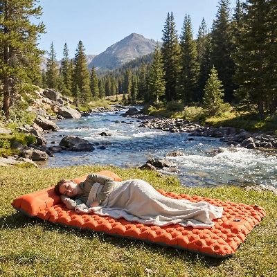 Jeune femme couchée sur son matelas gonflable 2 personnes confort premium, au bord de la rivière.