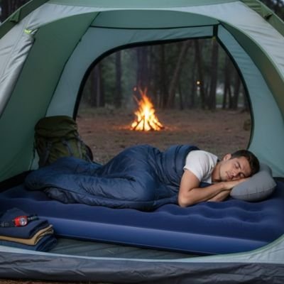 Mcouche sur son matelas gonflable 2 personnes un homme dort pres feu