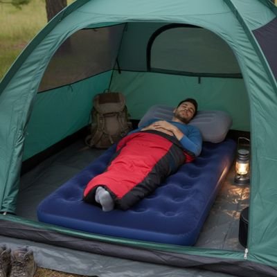 couche sur matelas gonflable 2 personnes homme dort dans tente