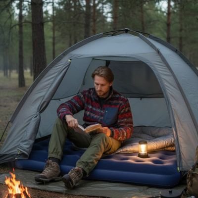 En camping homme lit sur matelas gonflable 2 personnes dans tente