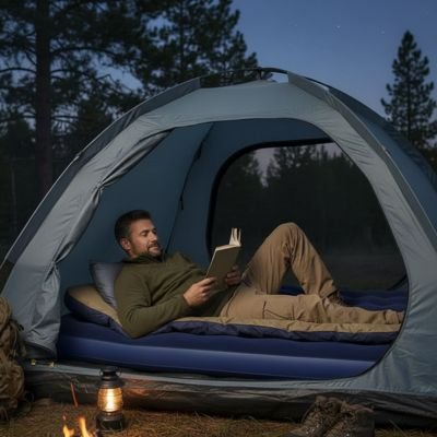 dans sa tente, pres du feu, l'homme lit sur matelas gonflable 2 personnes, a la brunante