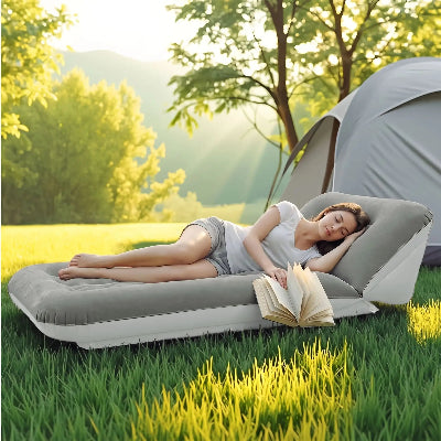 femme dort sur matelas gonflable camping confort anti humidite avec livre