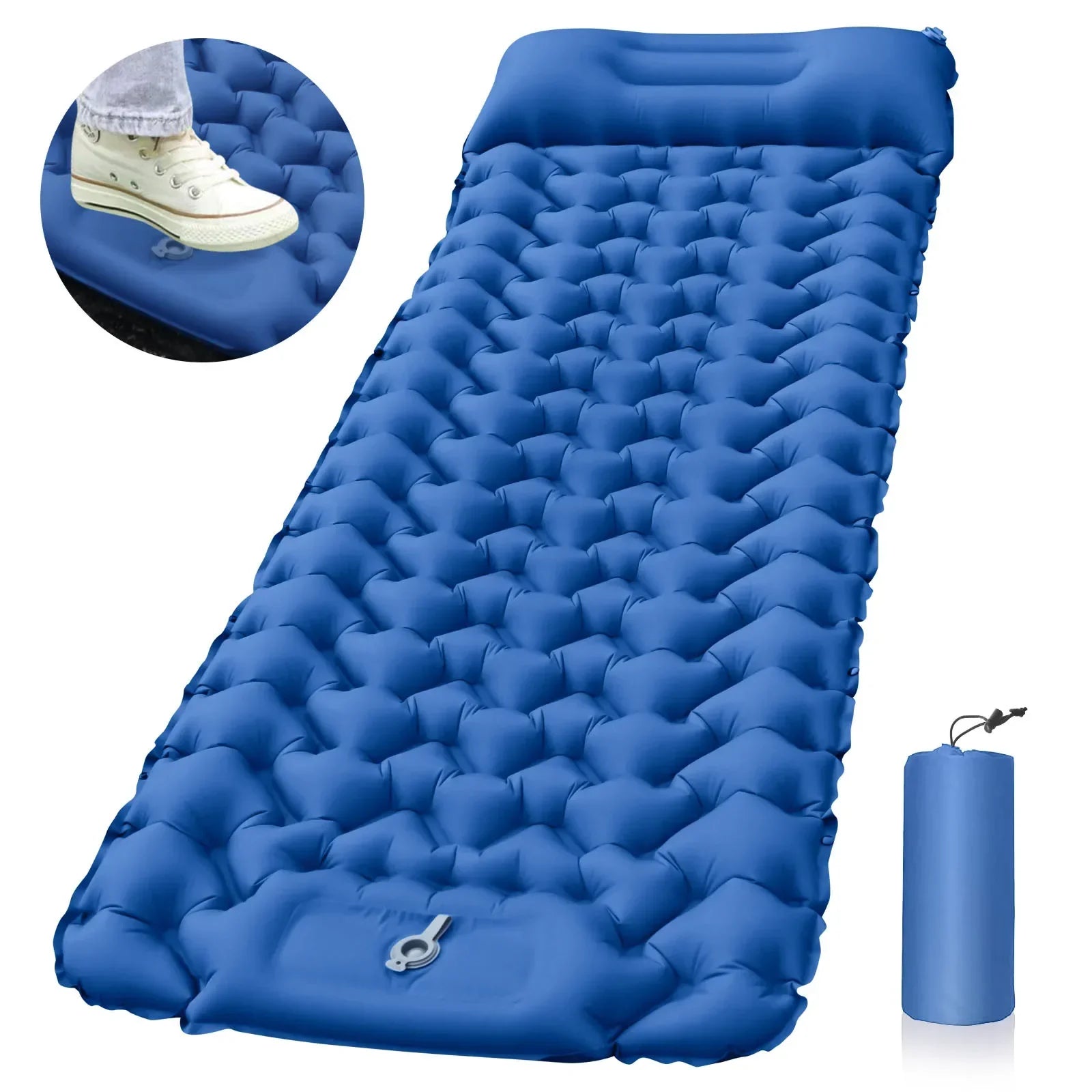 matelas gonflable de camping pompe integree bleu