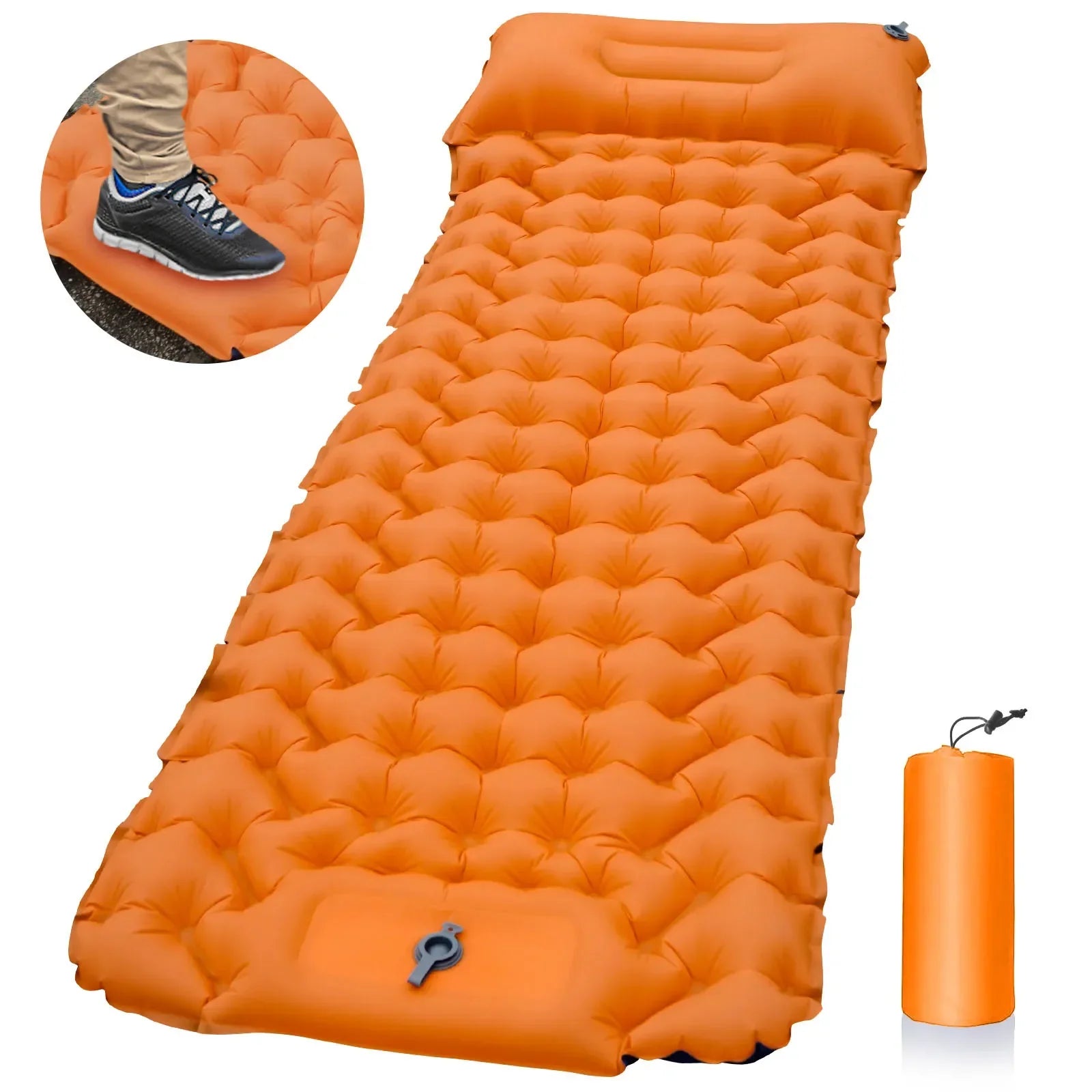 matelas gonflable de camping pompe integree orange