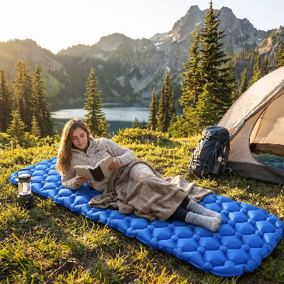 Dans les montagnes elle lit sur son matelas-gonflable-UltraLéger