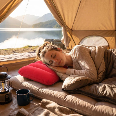 En camping jeune femme endormie dans sa tente la tête reposant sur un oreiller gonflable camping ultra-compact rouge
