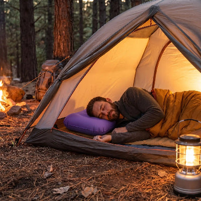 En camping homme endormi sur son oreiller gonflable camping ultracompact violet dans sa tente