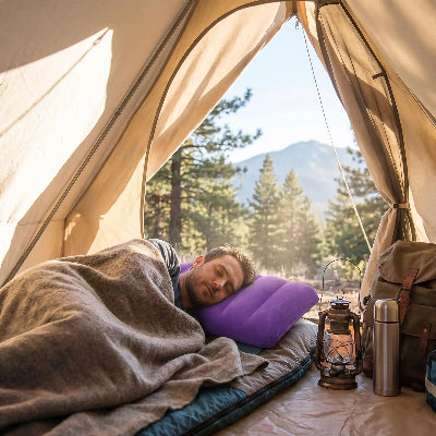En camping un homme dans sa tente est endormi la tête sur son oreiller gonflable camping ultra-compact violet
