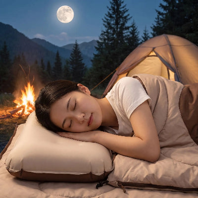 En camping femme endormie dans son sac de couchage la tête sur un oreiller gonflable ergonomique autogonflant.