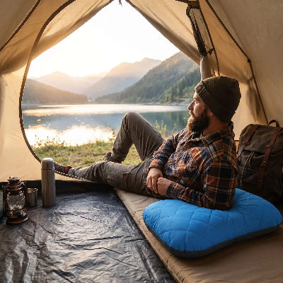 Homme dans sa tente, se repose en observant le lac, accoudé sur son oreiller gonflable ergonomique compact bleu.