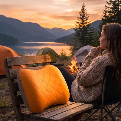 En camping, une jeune femme observe le coucher de soleil, son oreiller gonflable ergonomique compact orange à côté d'elle