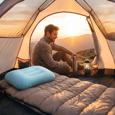 homme prend cafe oreiller gonflable ultra leger dans tente