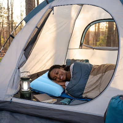 jeune femme noire étendue dans tente tete oreiller gonflable voyage ultra compact bleu clair
