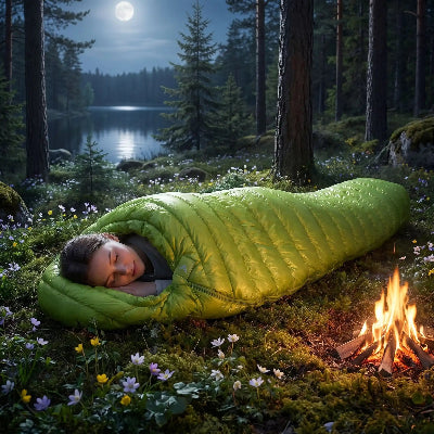 printemps pres lac elle dort dans sac de couchage duvet doie ultraleger
