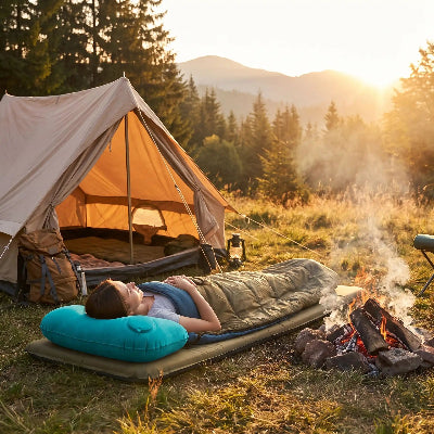 Devant sa tente une jeune femme couchée, tête sur son oreiller gonflable ergonomique bleu, près du feu.