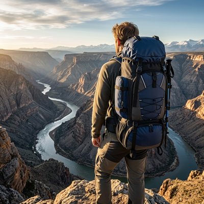 Sac à dos pour randonnée bleu homme regarde rivière contre bas 