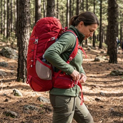 Sac à dos pour randonnée rouge femme forêt