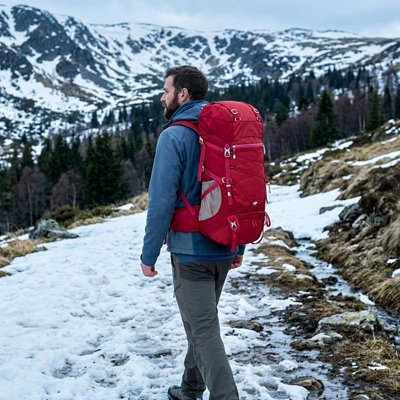 Sac à dos pour randonnée rouge homme sentier enneigé