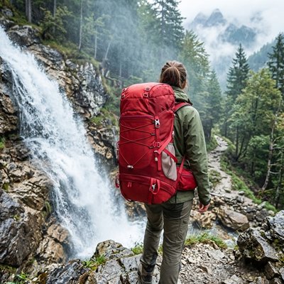 Sac à dos pour randonnée rouge sentier montagne cascade