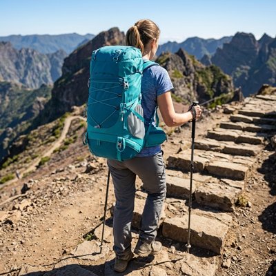 Sac à dos pour randonnée turquoise femme randonnée escalier montagne