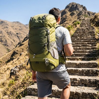 Sac à dos pour randonnée vert homme escalier montagne
