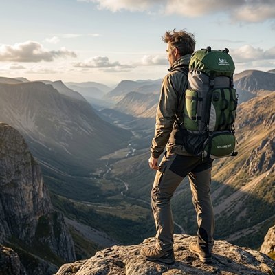 Sac à dos pour randonnée vert homme regarde haut de montagne