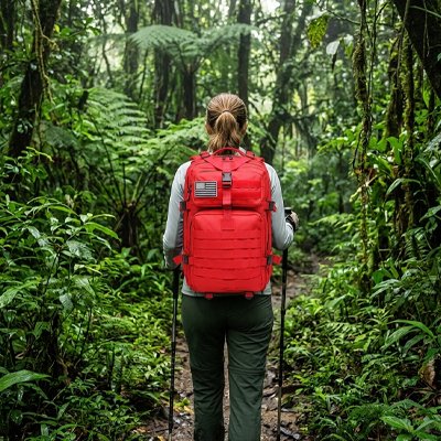 Sac à dos randonnée femme rouge forêt