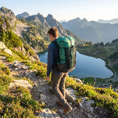 Jeune homme porte son Sac à dos randonnée Qidian Pro 56 L en sentier de montagne.
