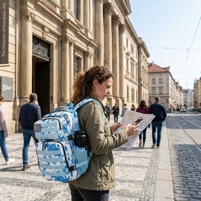 Sac à dos voyage bleu clair femme en ville consulte carte