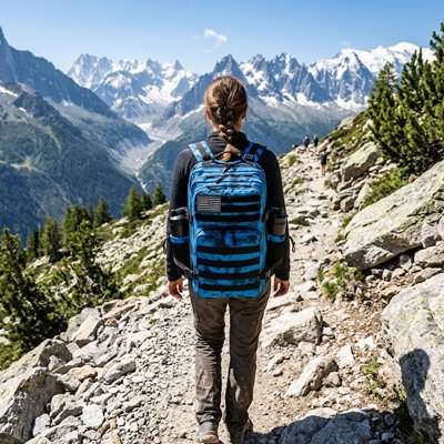 Sac a dos voyage bleu foncé femme sentier montagneux