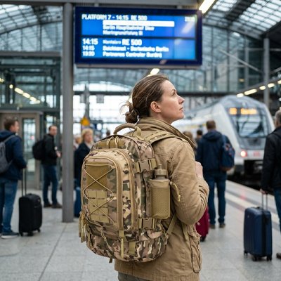 Sac à dos voyage camouflage femme en train