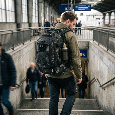 Sac à dos voyage camouflage homme descend dans métro
