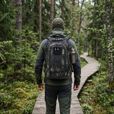 Sac à dos voyage camouflage homme sentier de bois dans forêt