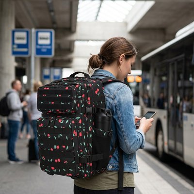 Sac a dos voyage Cerise femme attend autobus