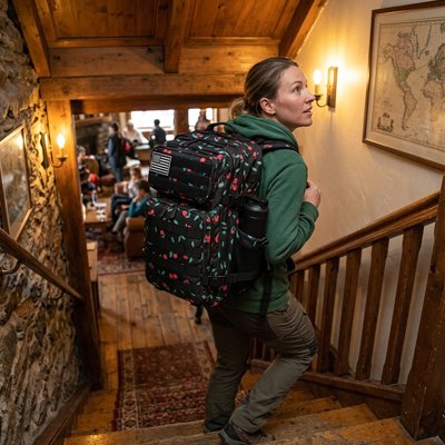 Sac a dos voyage Cerise femme descend escalier chalet