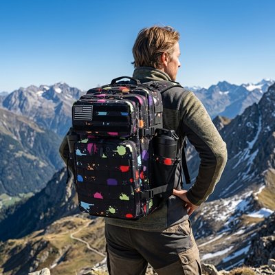 Sac a dos voyage graffiti homme observe montagnes au loin