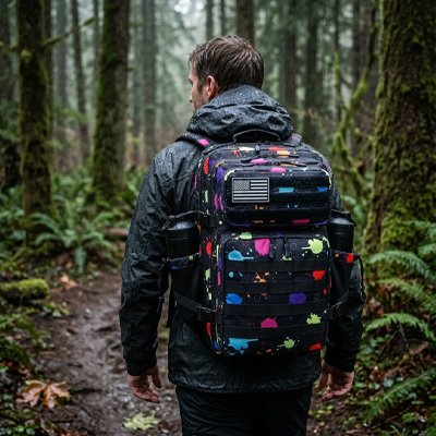Sac a dos voyage graffiti homme sur sentier forêt