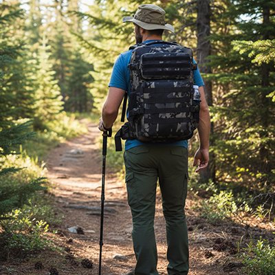 Sac à dos voyage gris foncé homme sentier forêt