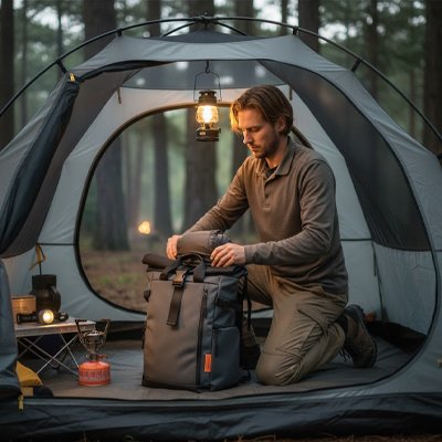 Sac à dos voyage Gris homme dans tente en camping